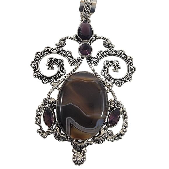 Sterling Silver Pendant with Striped Banded Agate and Faceted Garnet Stones - Picture 1 of 10